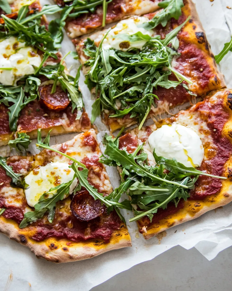 Homemade 15 Minute Thin Crust Pizza with Arugula and Hot Honey. recipe photo
