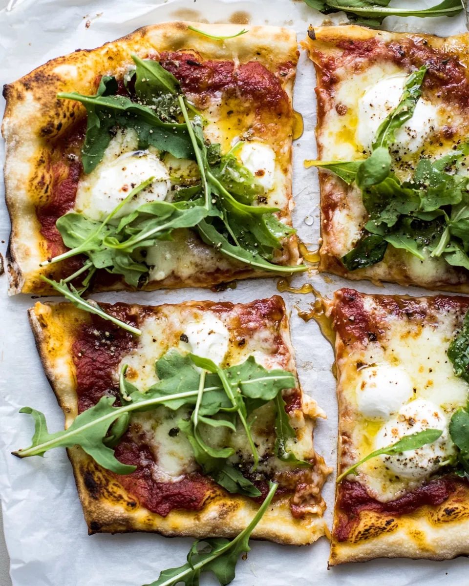 Easy 15 Minute Thin Crust Pizza with Arugula and Hot Honey. food shot