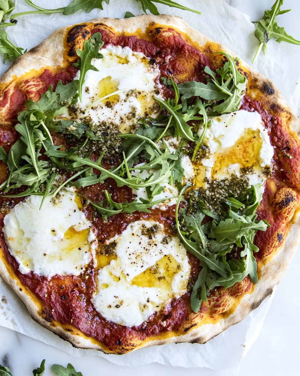 Delicious 15 Minute Thin Crust Pizza with Arugula and Hot Honey. plate image