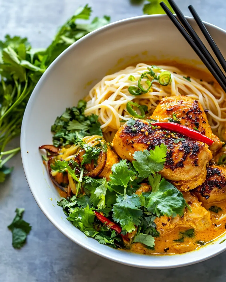 Delicious 30 Minute Creamy Thai Turmeric Chicken and Noodles. food shot