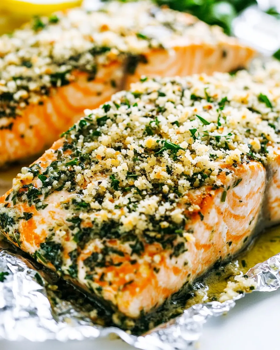 Easy Baked Parmesan Garlic Herb Salmon in Foil food shot