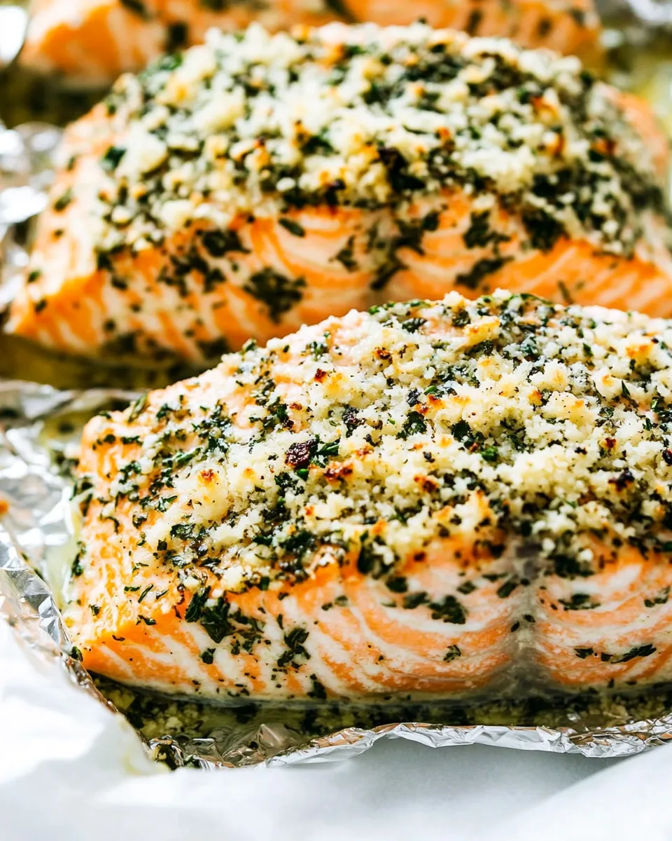 Delicious Baked Parmesan Garlic Herb Salmon in Foil plate image