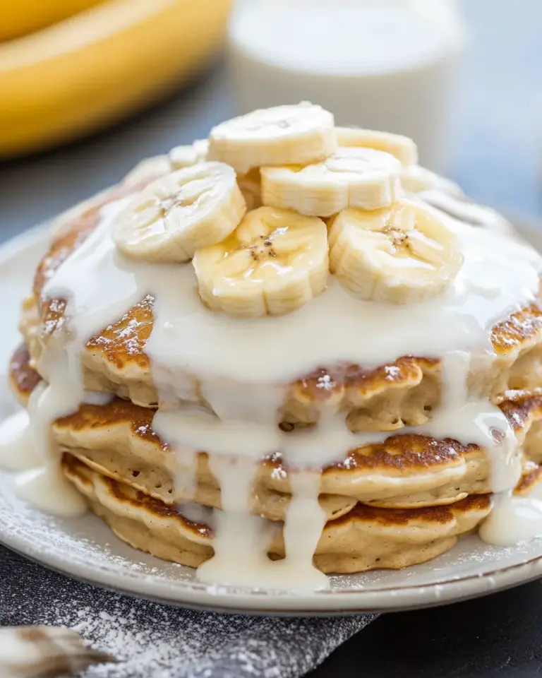 Homemade Banana Bread Pancakes with Cream Cheese Glaze recipe photo