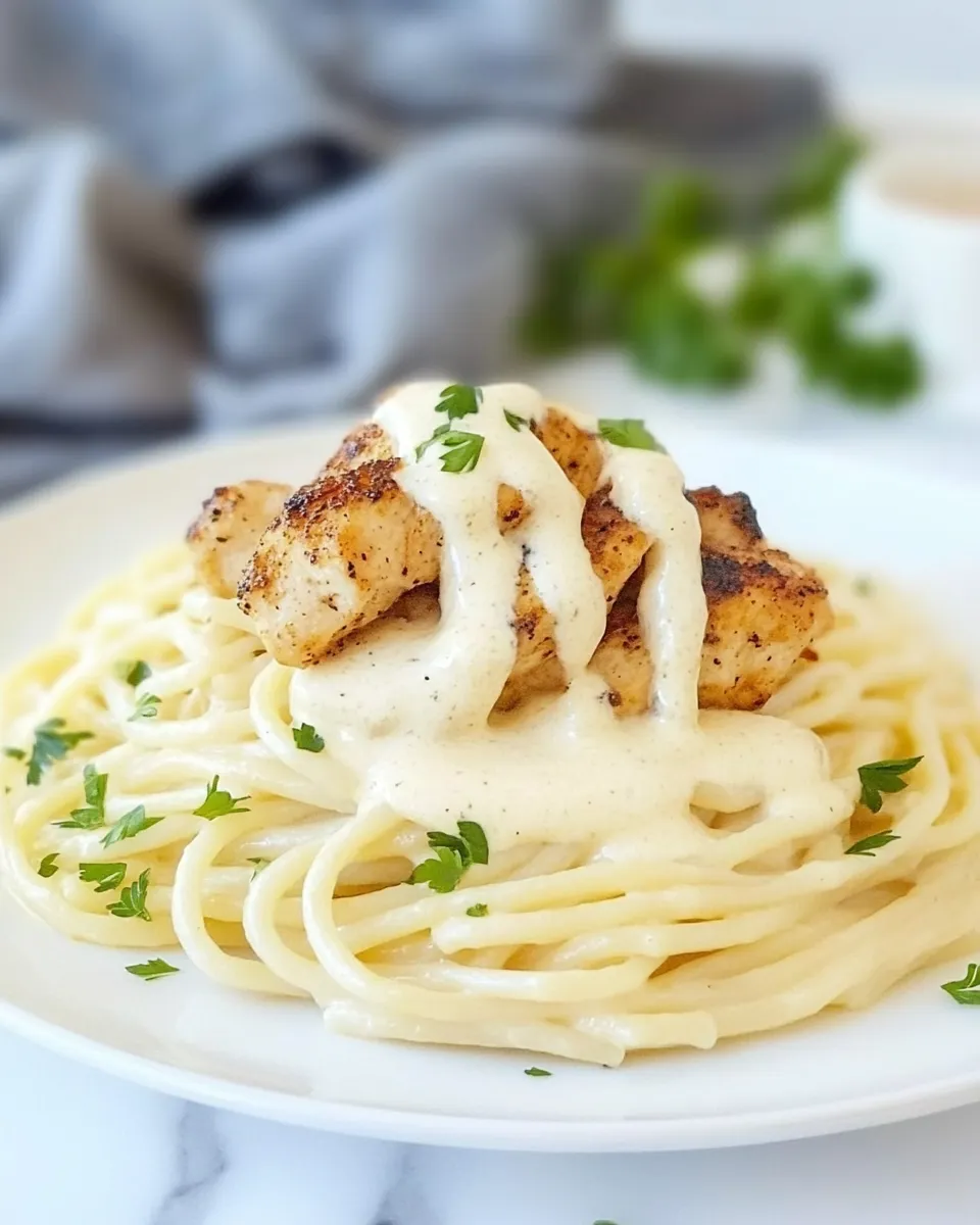 Delicious Blackened Chicken Alfredo Pasta food shot