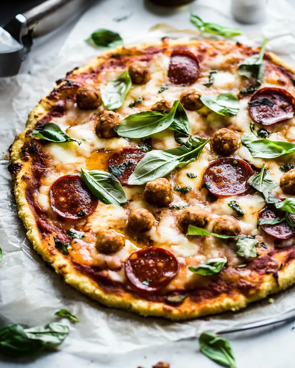 Classic Cauliflower Crust Pizza with Chickpea Pepperoni. food shot