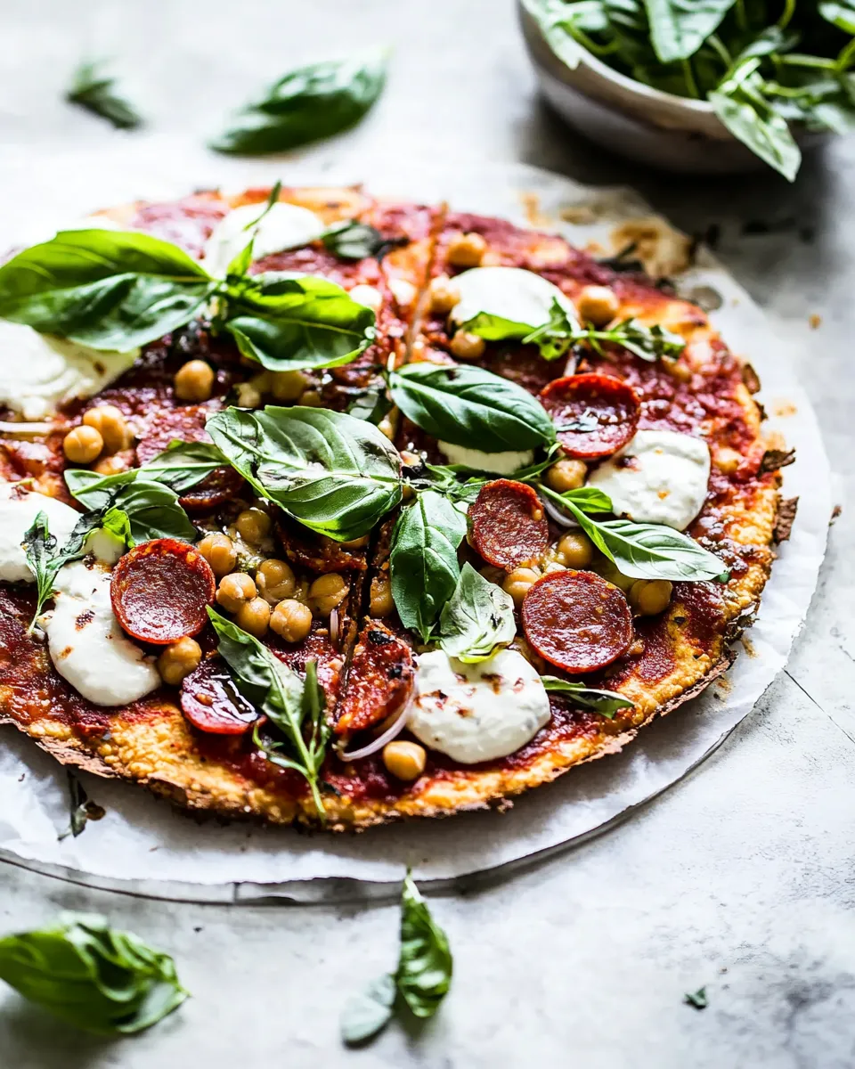 Delicious Cauliflower Crust Pizza with Chickpea Pepperoni. plate image