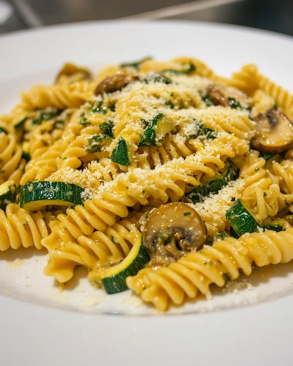 Delicious Cheesy Mushroom & Zucchini Pasta plate image