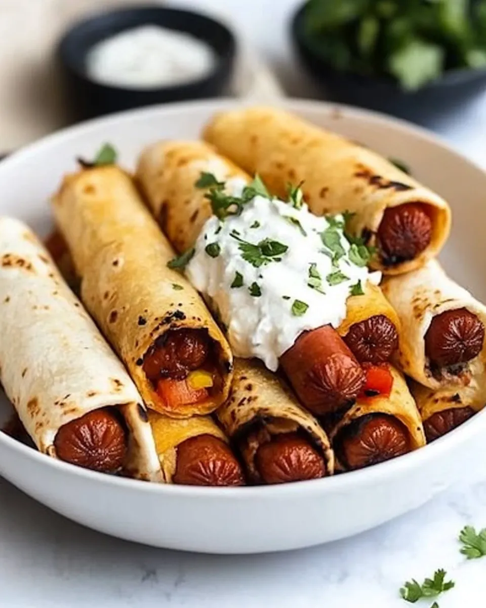 Homemade Cheesy Wrapped Hot Dog Tortilla Taquitos Air Fryer OR Baked dish photo