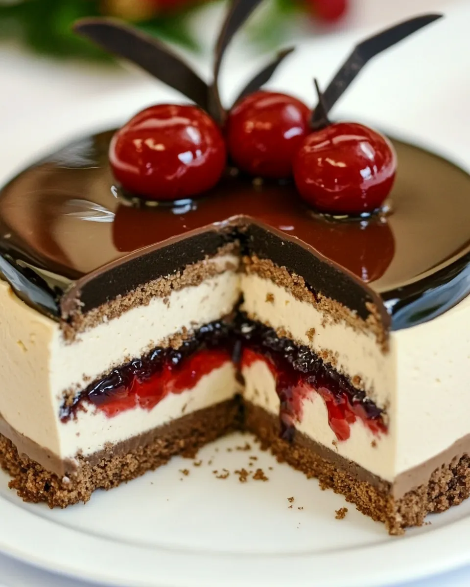 Easy Chocolate Cheese Mousse Cake w/ Cherry Jam recipe image