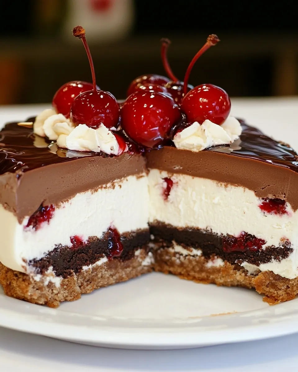 Delicious Chocolate Cheese Mousse Cake w/ Cherry Jam food shot