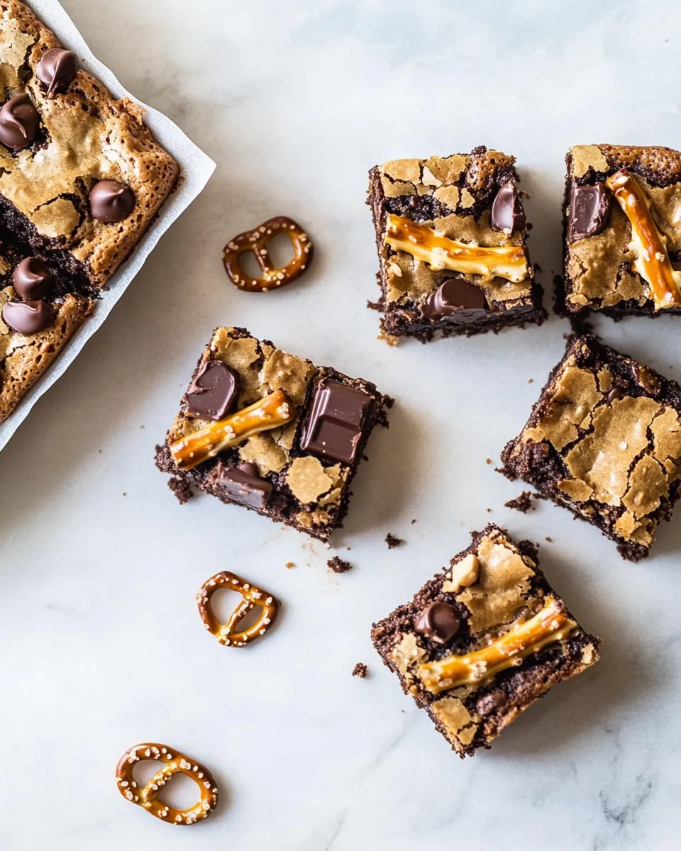 Easy Chocolate Peanut Butter Pretzel Blondies. food shot