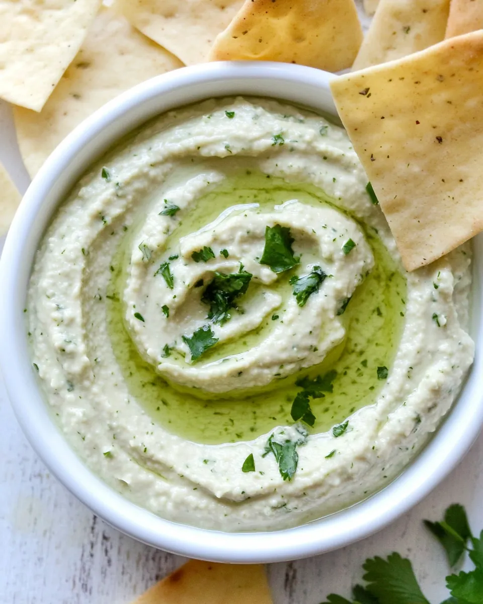 Easy Cilantro Lime White Bean Hummus. food shot