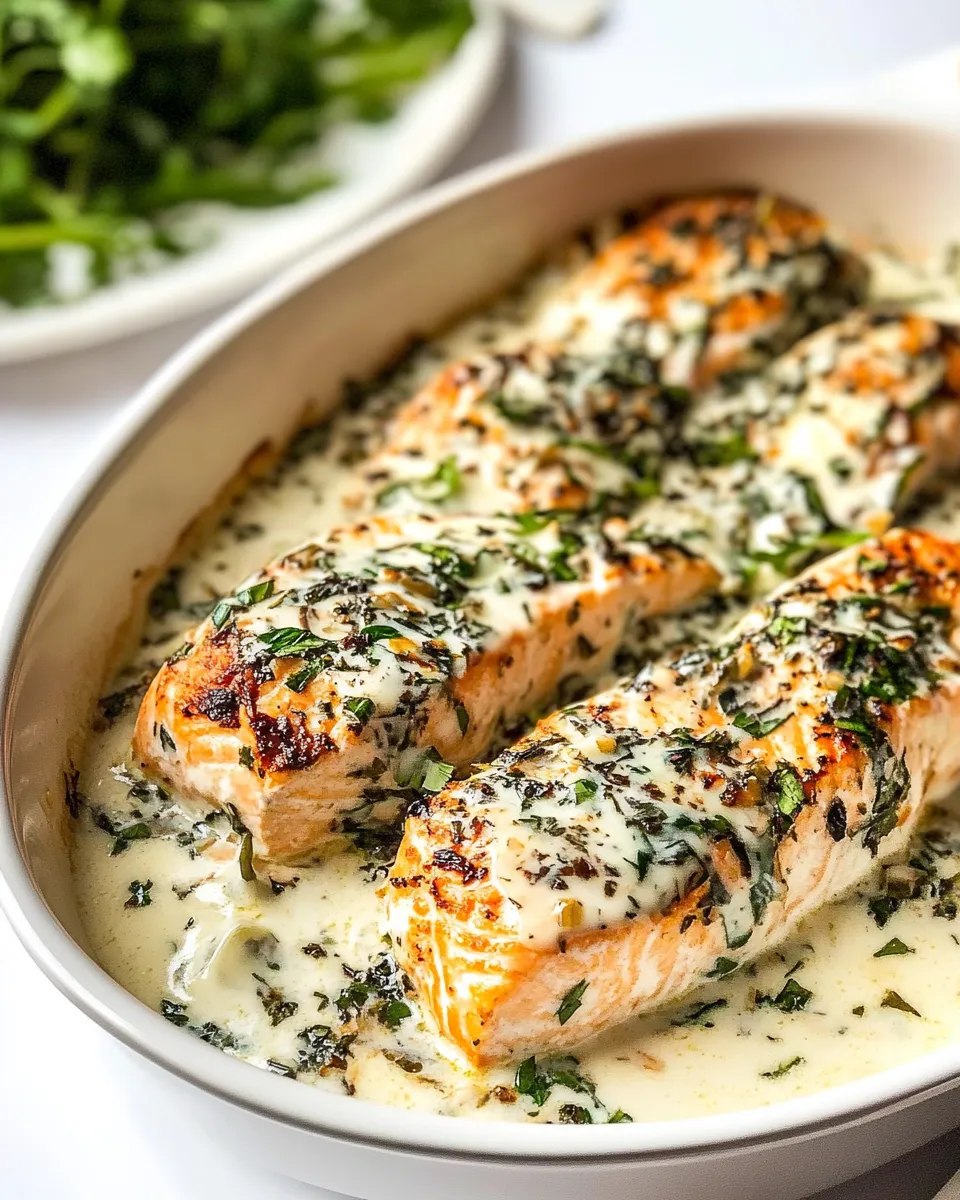 Delicious Creamy Garlic Butter Baked Salmon. food shot
