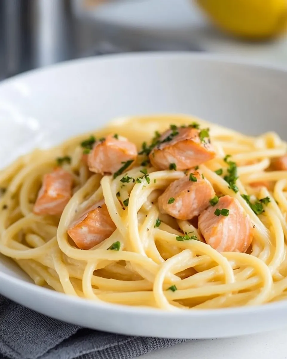 Easy Creamy Lemon Salmon Pasta food shot