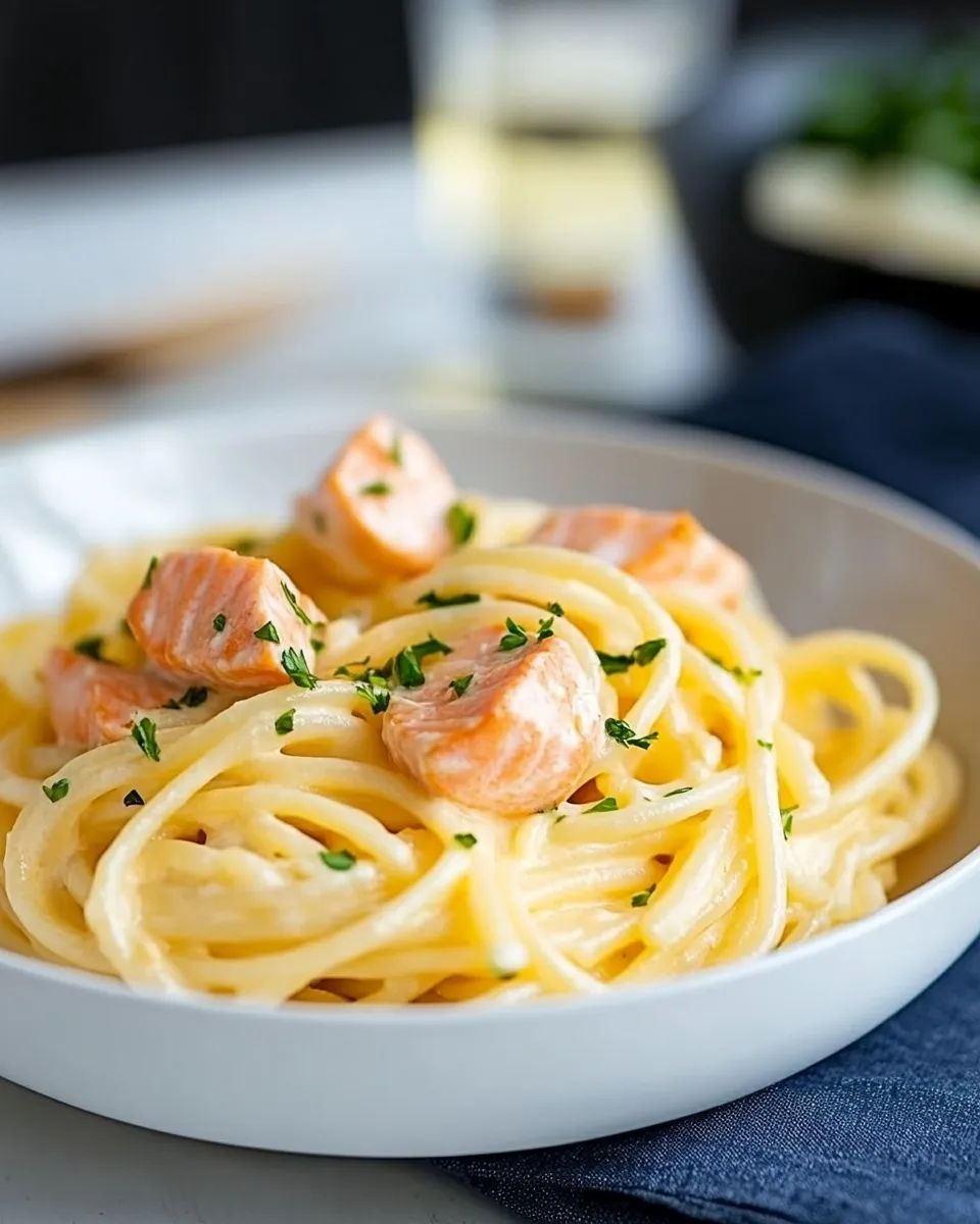 Delicious Creamy Lemon Salmon Pasta plate image