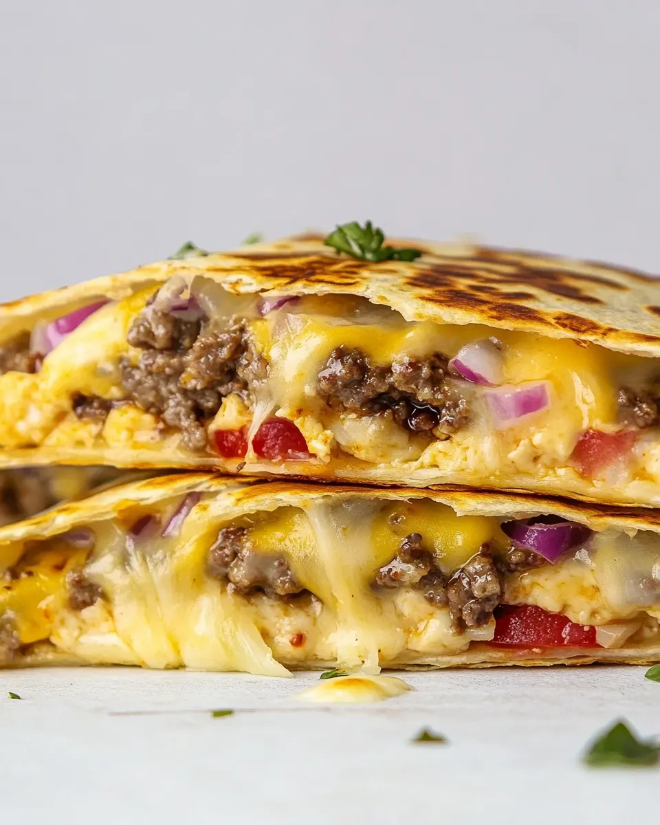 Classic Crispy Baked Cheeseburger Quesadillas. food shot