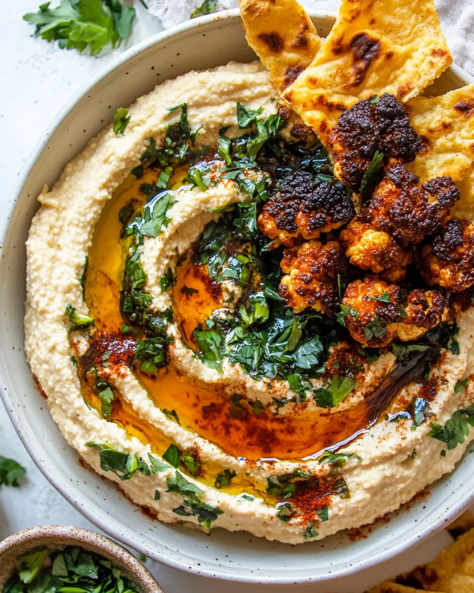 Easy Crispy Roasted Cauliflower Hummus. food shot