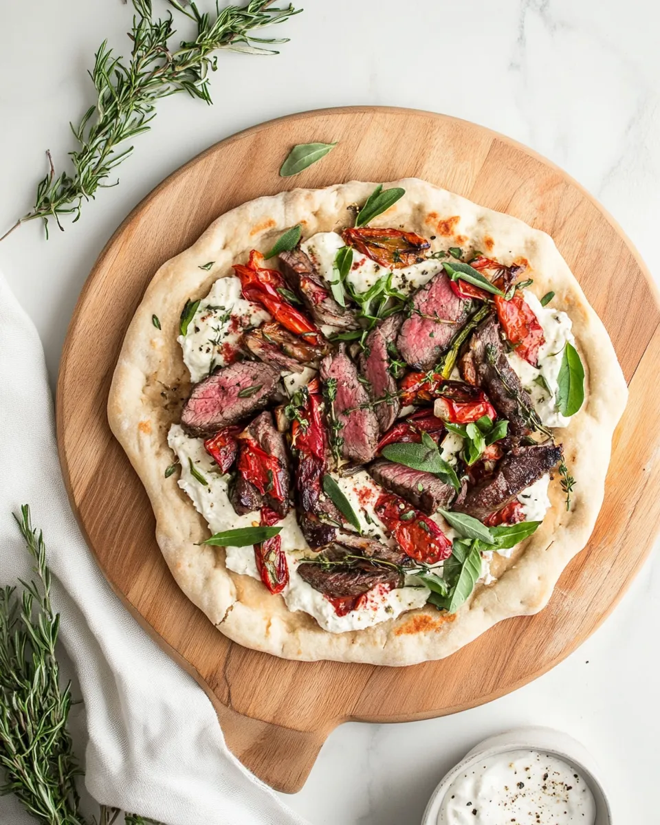 Homemade Crispy flatbread with roasted vegetables & steak photo