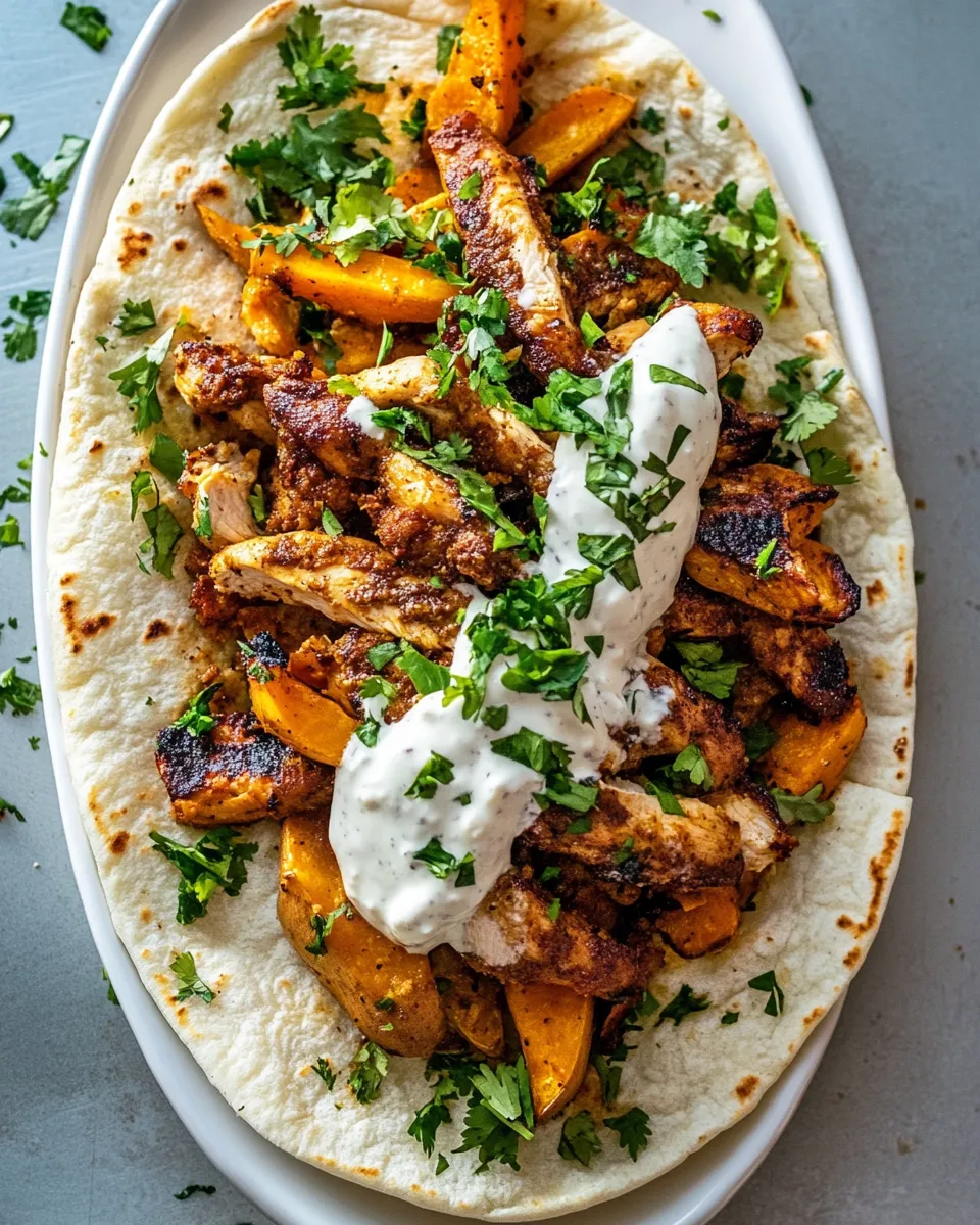 Homemade Curry Chicken Gyro and Tahini Sweet Potatoes. recipe photo
