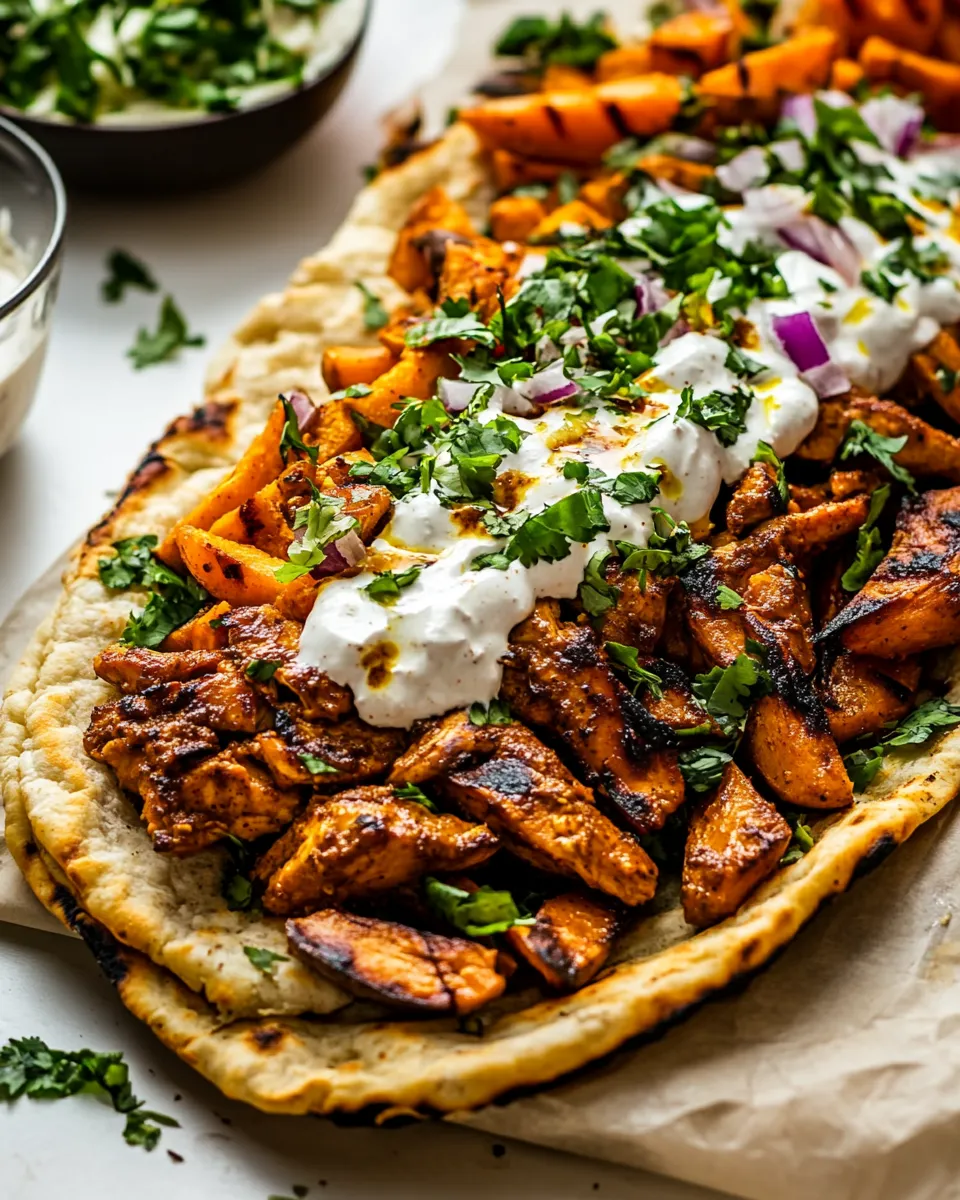 Easy Curry Chicken Gyro and Tahini Sweet Potatoes. food shot