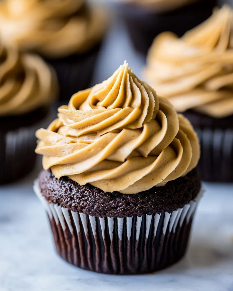 Classic Dark Chocolate Cupcakes with Peanut Butter Frosting recipe image