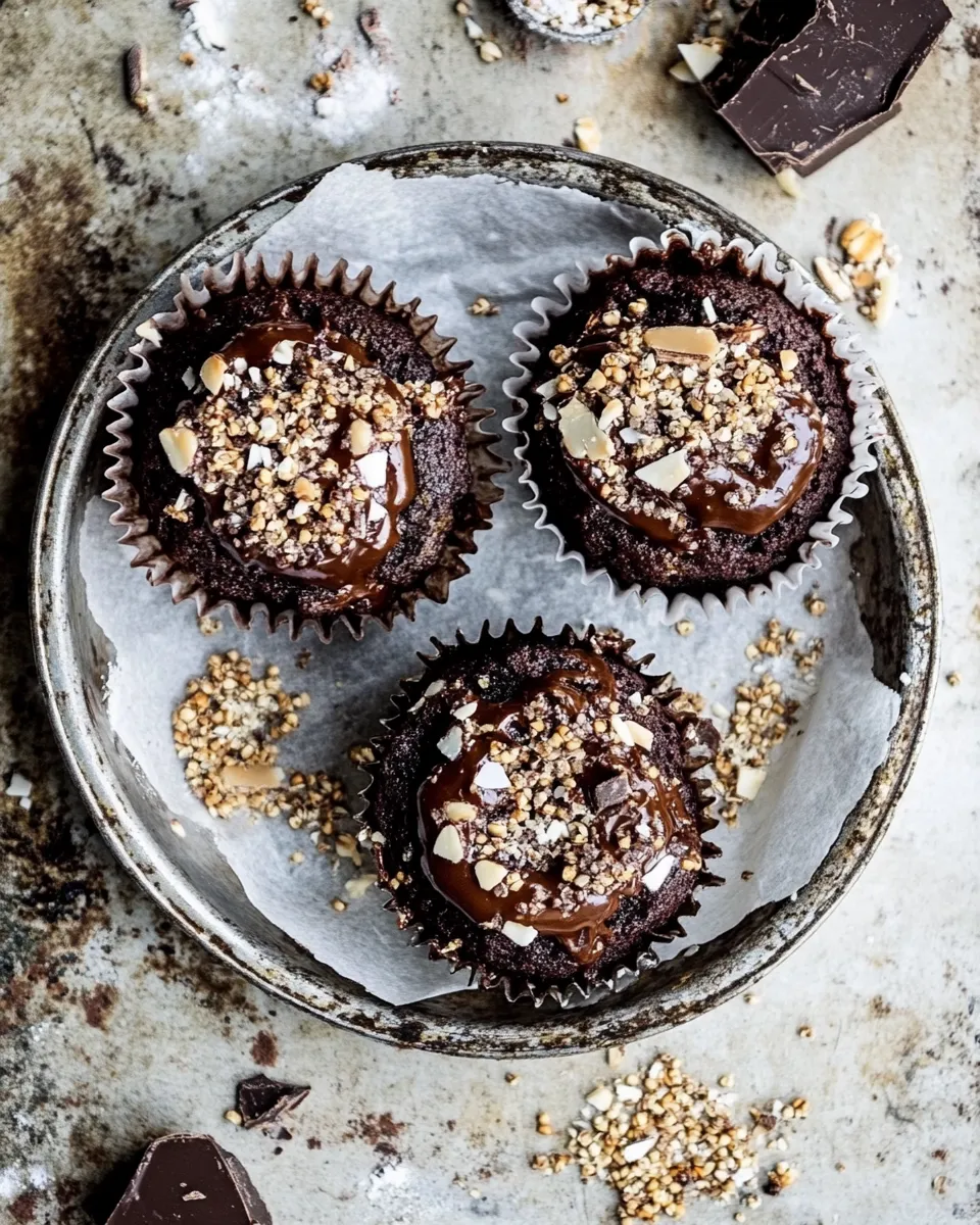 Homemade Double Chocolate Coconut oil Zucchini Muffins with Caramelized Buckwheat. recipe photo