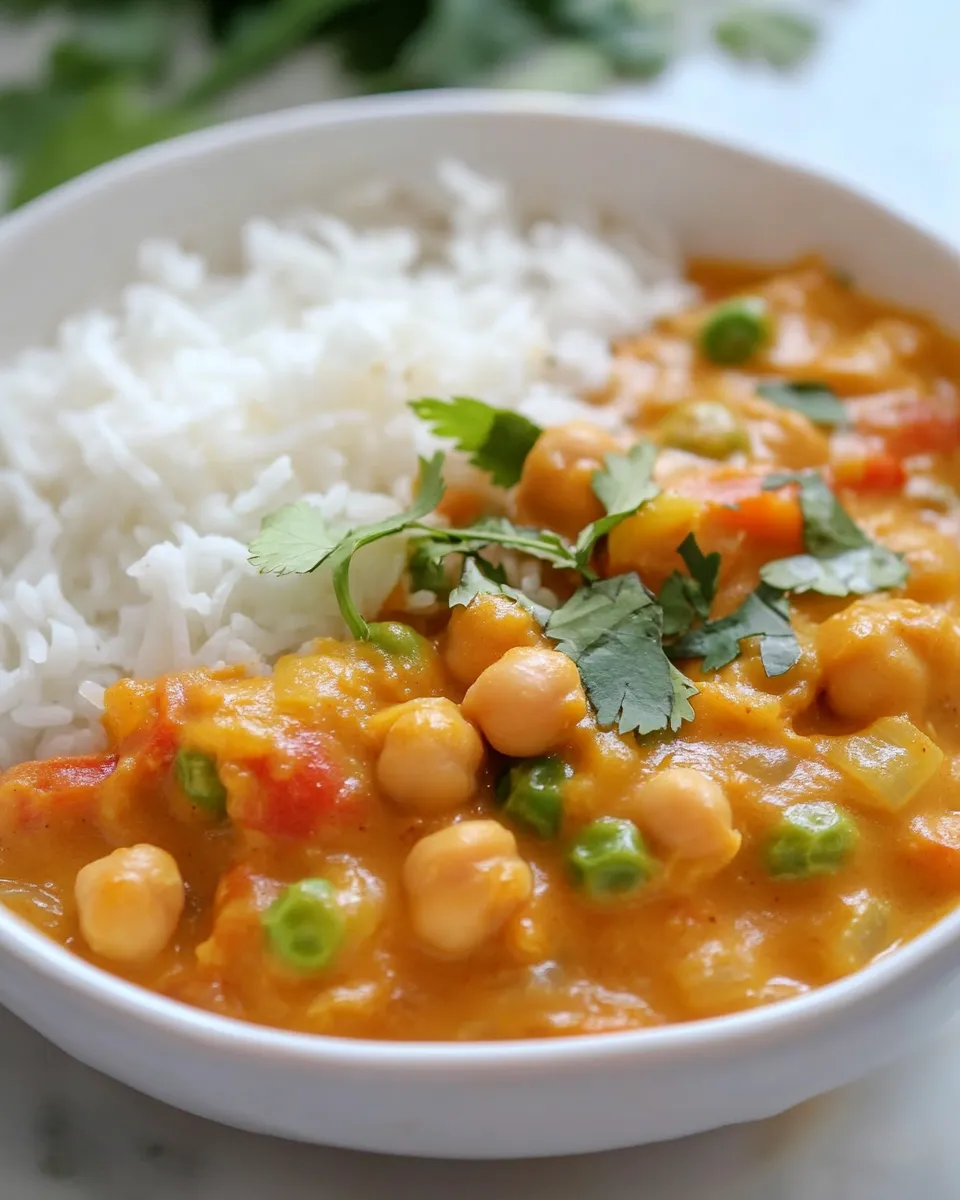 Delicious Easy Thai-Style Chickpea Curry with Coconut Rice. food shot