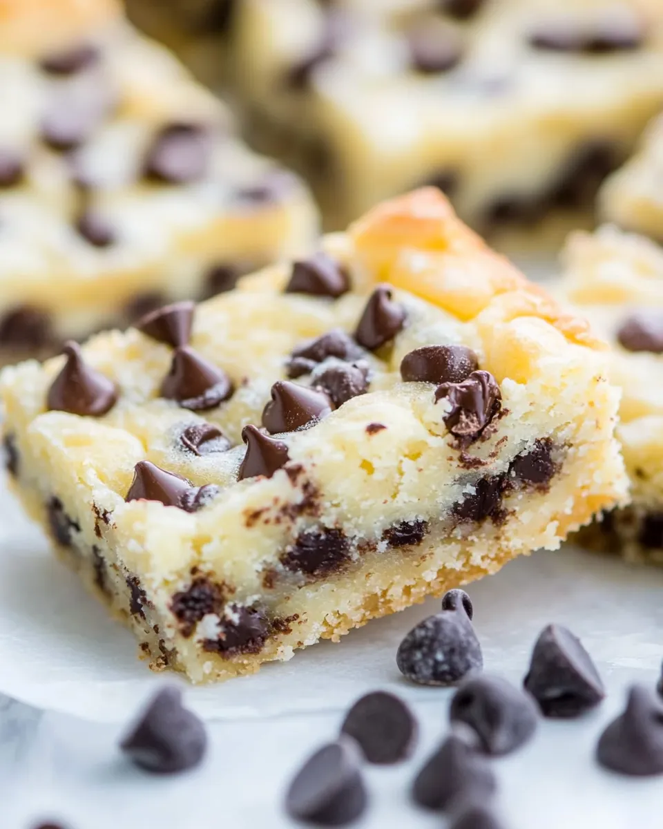 Easy Gooey Butter Chocolate Chip Shortbread Bars food shot