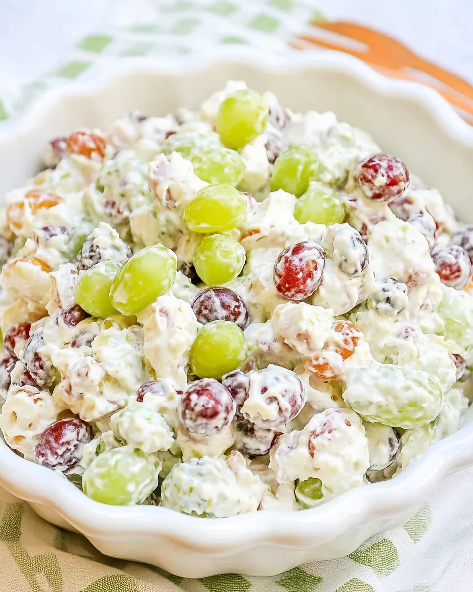 Delicious Grape Salad with Cream Cheese Dressing: Creamy Southern Fruit Dessert food shot