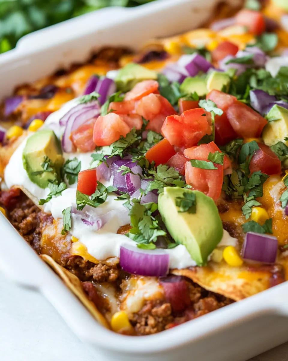 Delicious Ground Beef Enchilada Casserole with Corn Tortillas food shot