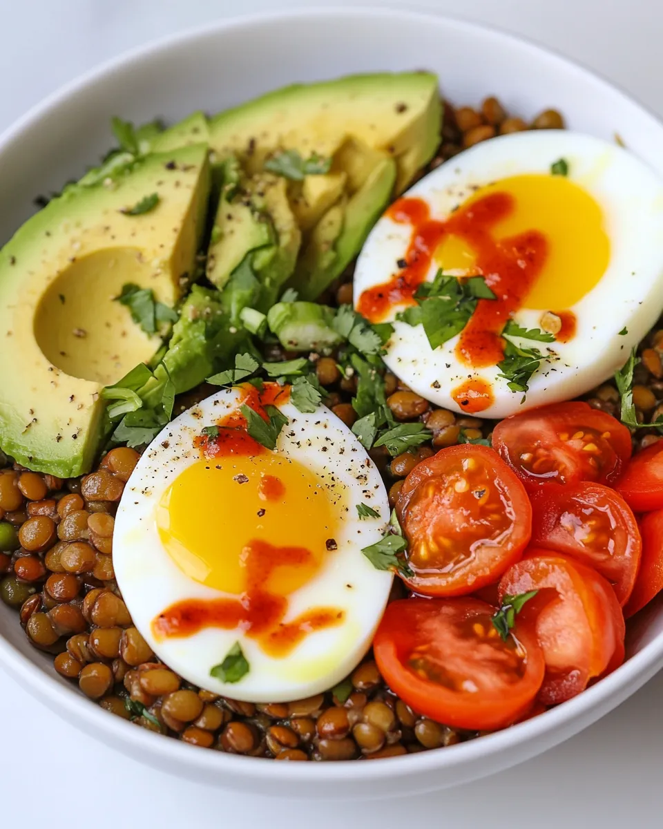 Delicious Lentil Bowls with Avocado, Eggs and Cholula plate image