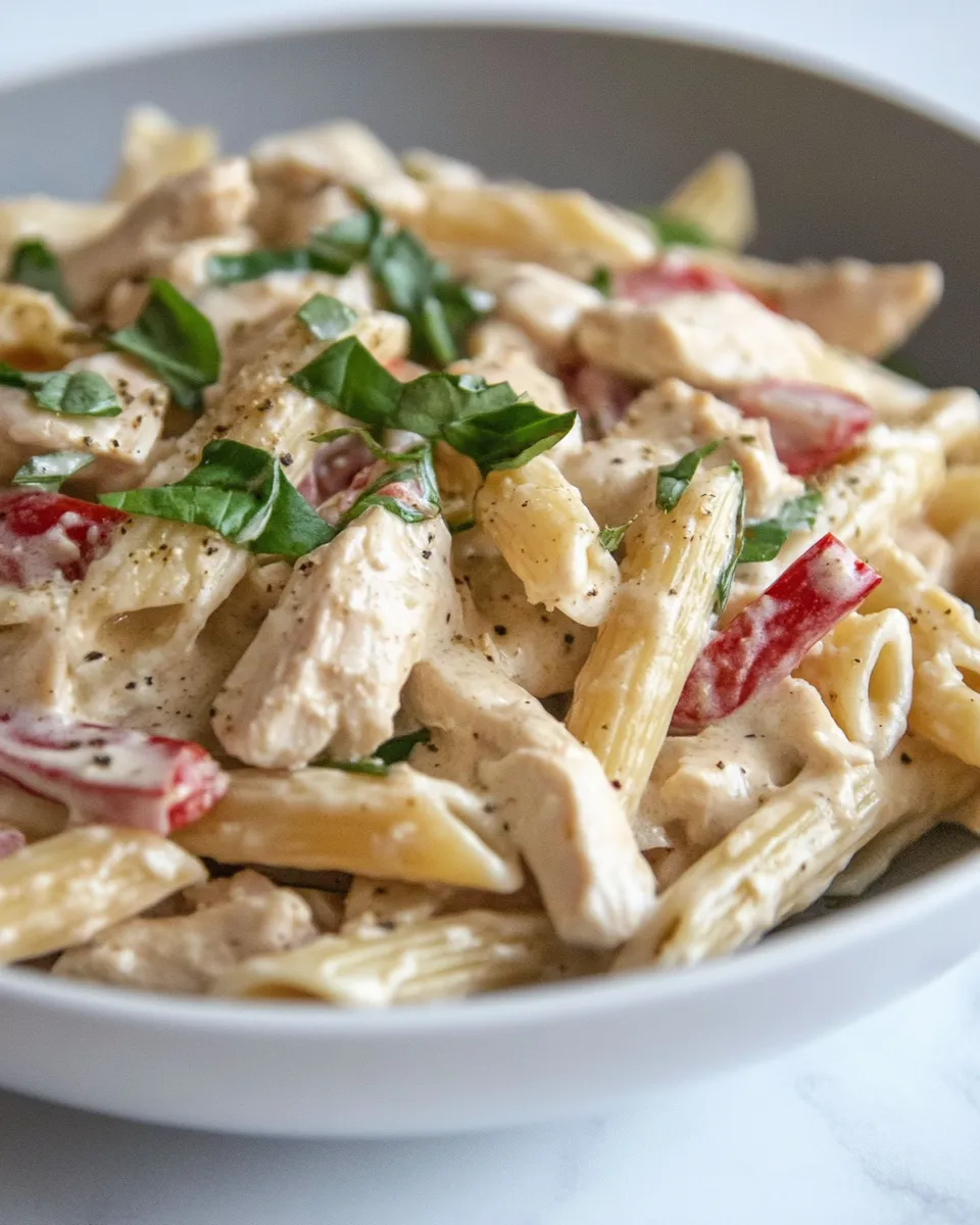 Easy Macro Friendly Chicken Alfredo Red Pepper Pasta recipe photo
