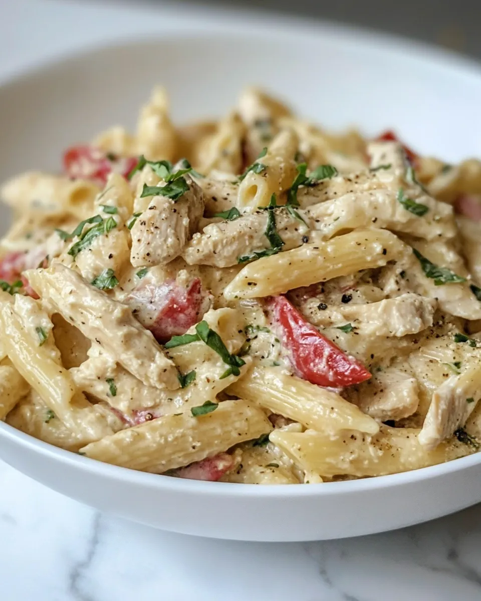 Delicious Macro Friendly Chicken Alfredo Red Pepper Pasta dish photo