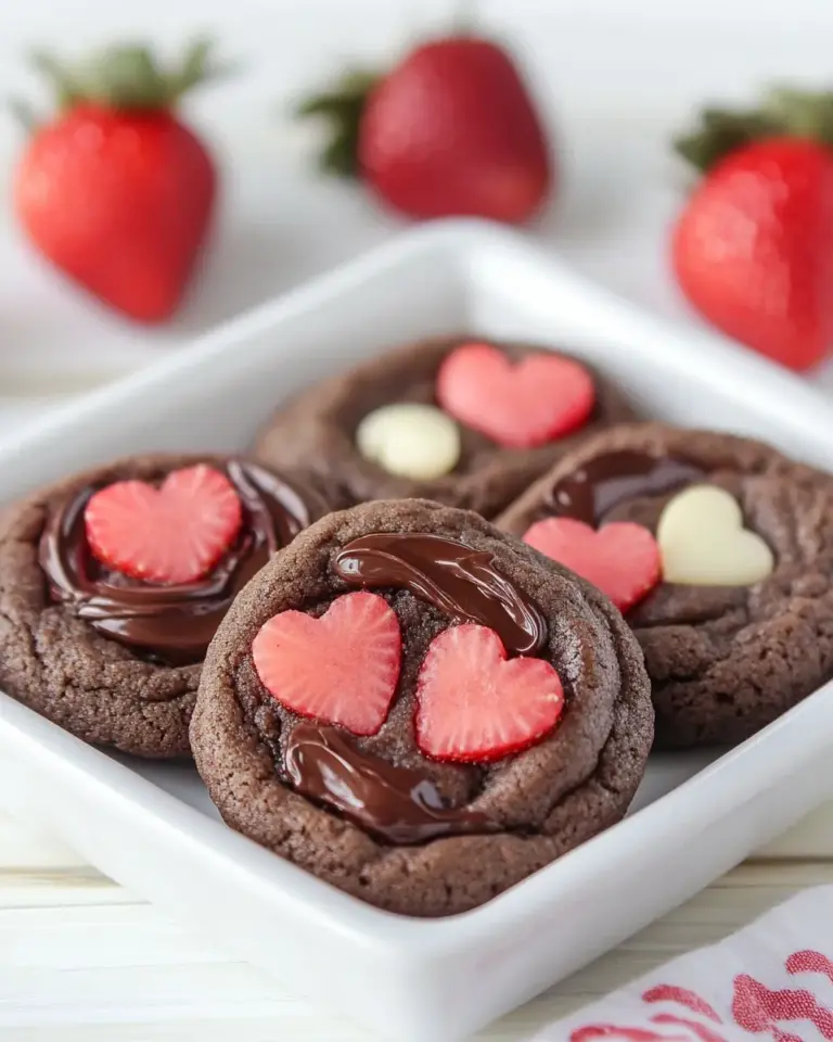 Homemade Nutella Chocolate Pudding Cookies with Strawberry Hearts photo