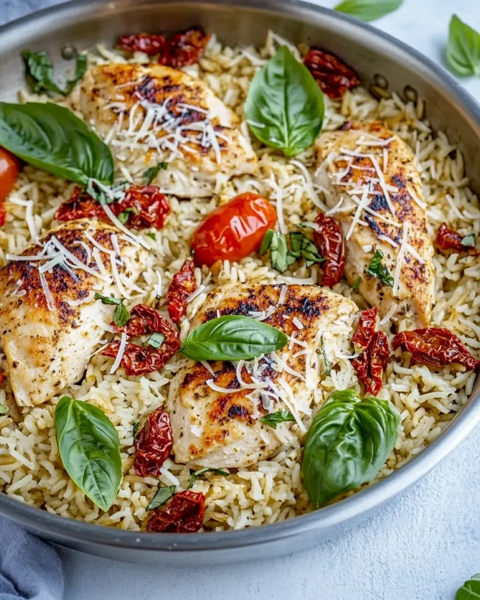 Homemade One Pan Chicken and Rice with Sun Dried Tomato, Parmesan and Basil recipe photo