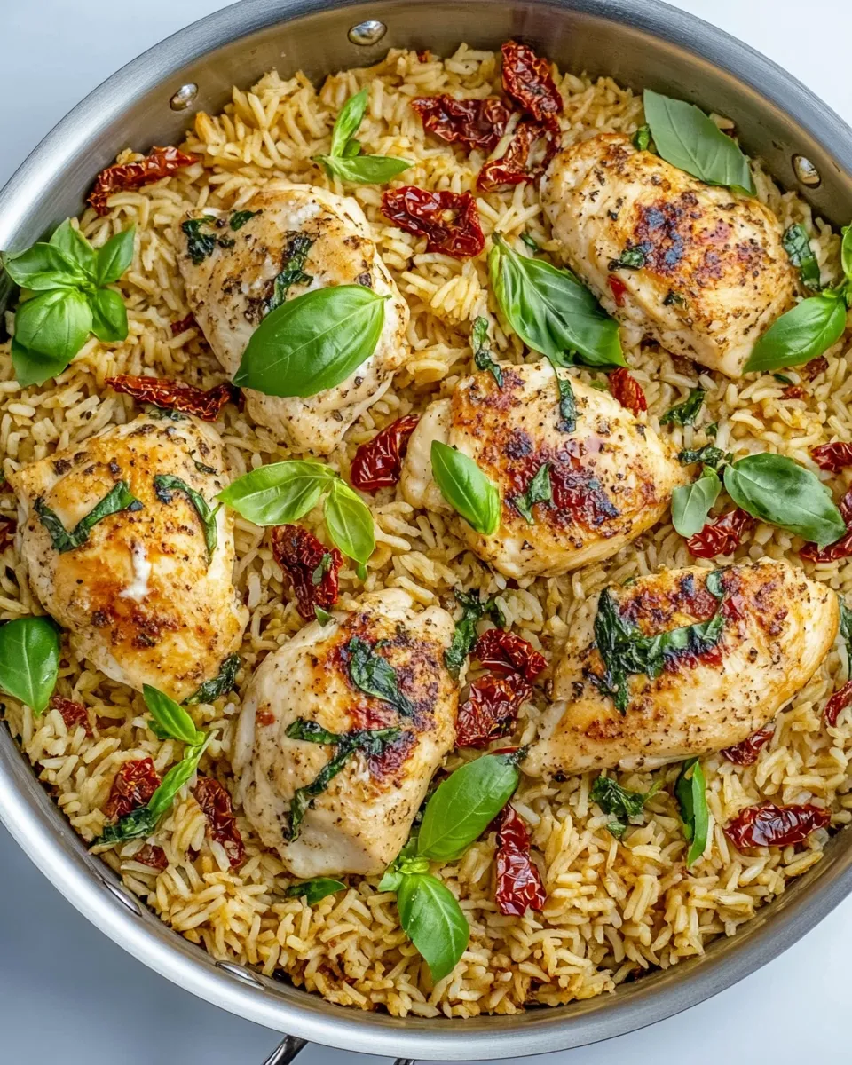 Classic One Pan Chicken and Rice with Sun Dried Tomato, Parmesan and Basil dish photo