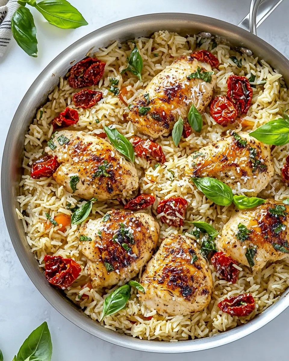 Easy One Pan Chicken and Rice with Sun Dried Tomato, Parmesan and Basil food shot