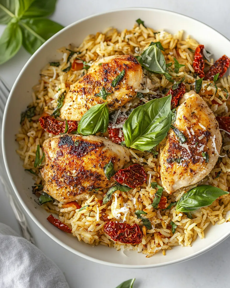 Delicious One Pan Chicken and Rice with Sun Dried Tomato, Parmesan and Basil image