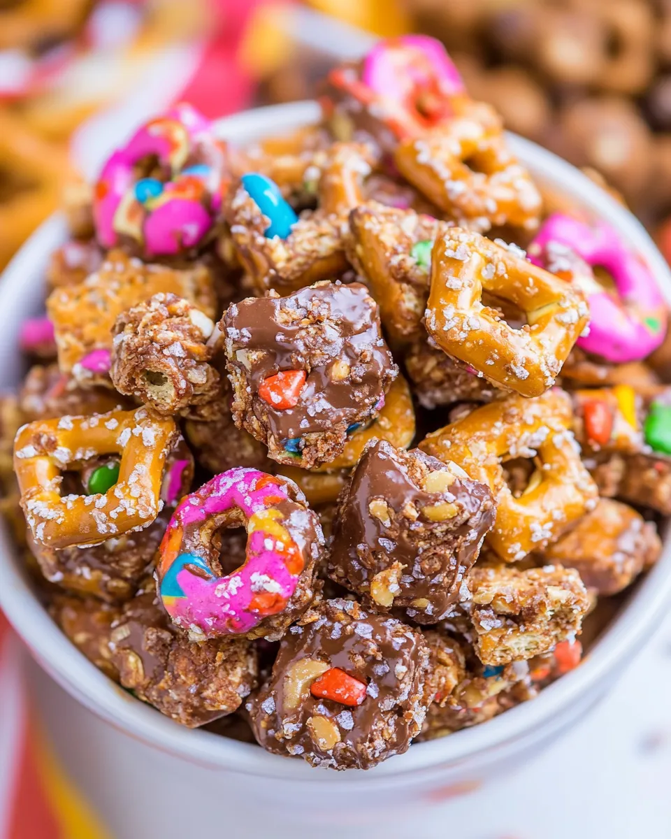Classic Peanut Butter Nutella Pretzel and Peanut Snack Mix food shot