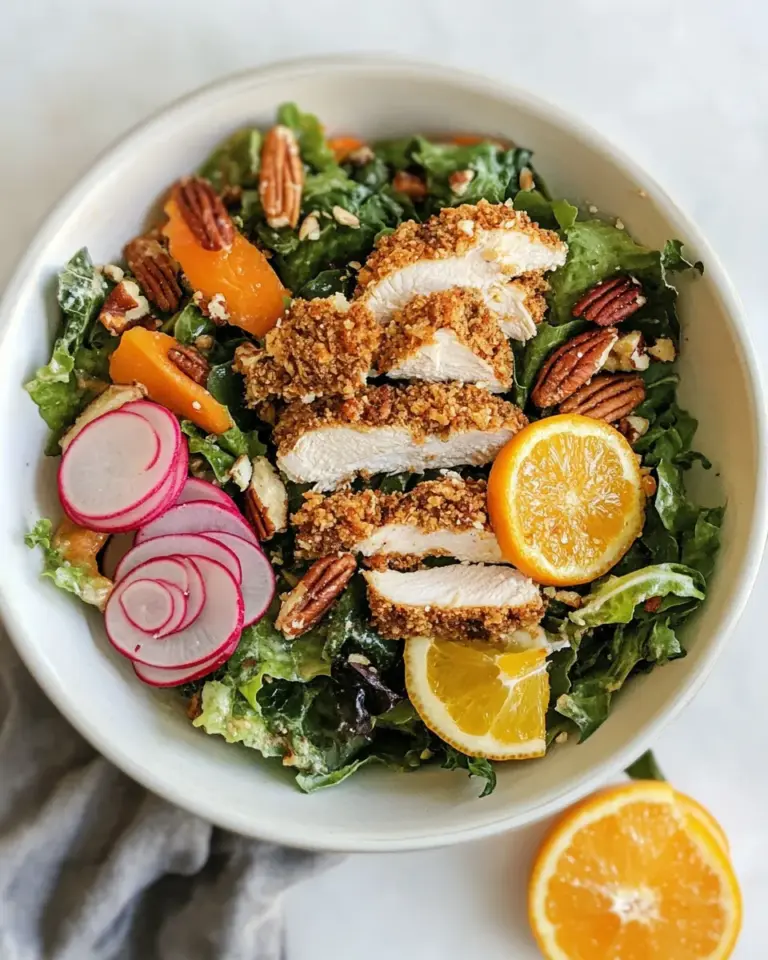 Delicious Pecan Crusted Chicken Salad with Triple Citrus Vinaigrette. food shot