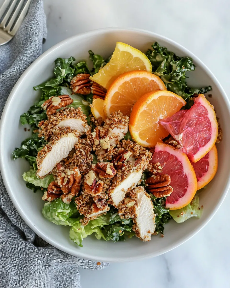 Healthy Pecan Crusted Chicken Salad with Triple Citrus Vinaigrette. recipe photo
