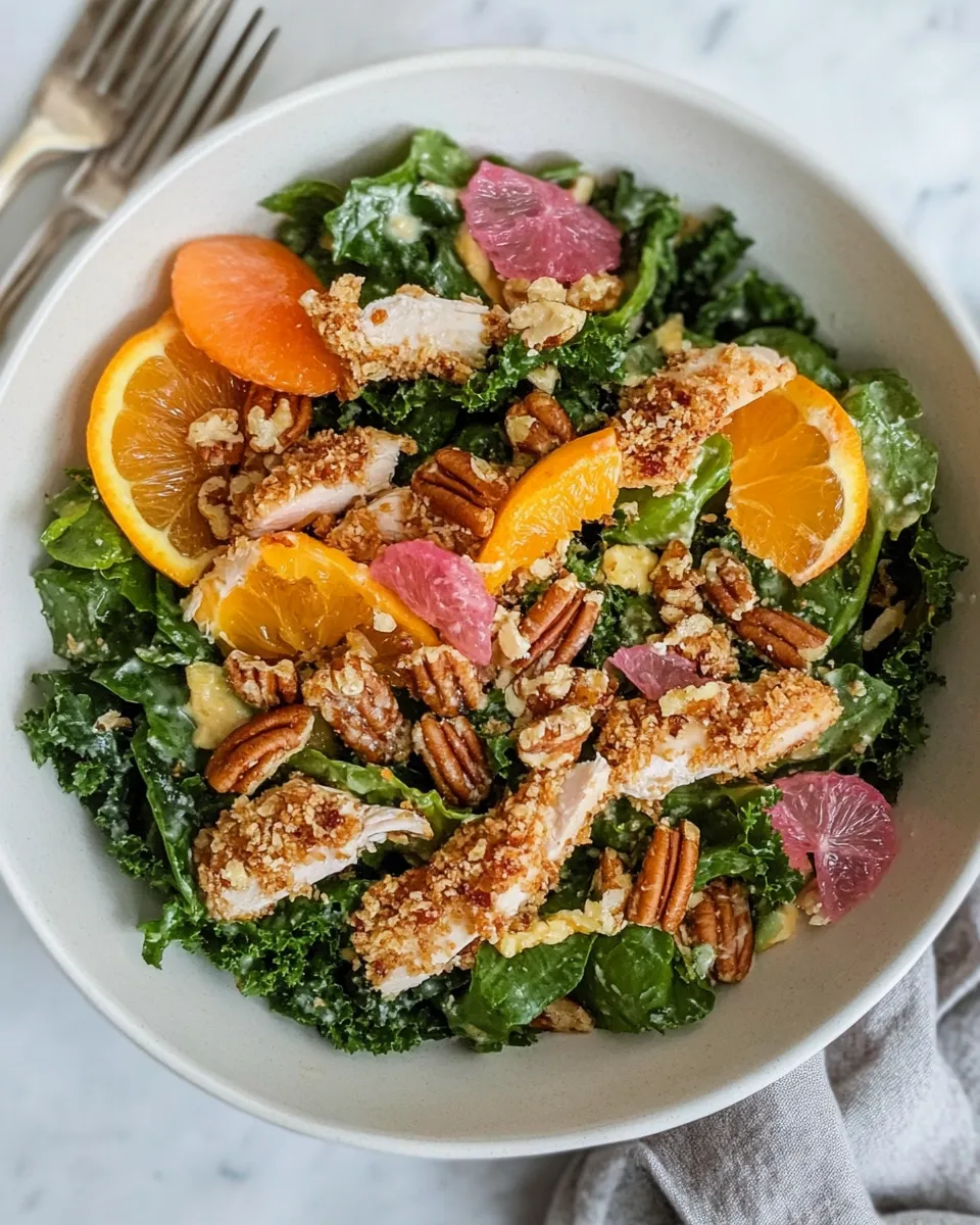 Fresh Pecan Crusted Chicken Salad with Triple Citrus Vinaigrette. plate image