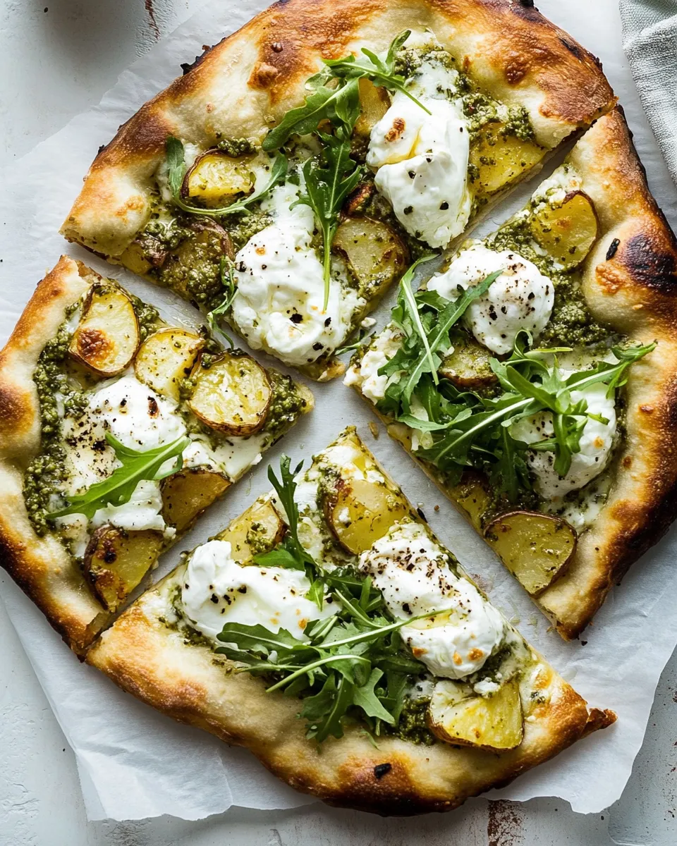 Homemade Pesto Potato Burrata Pizza with Spicy Arugula. recipe photo