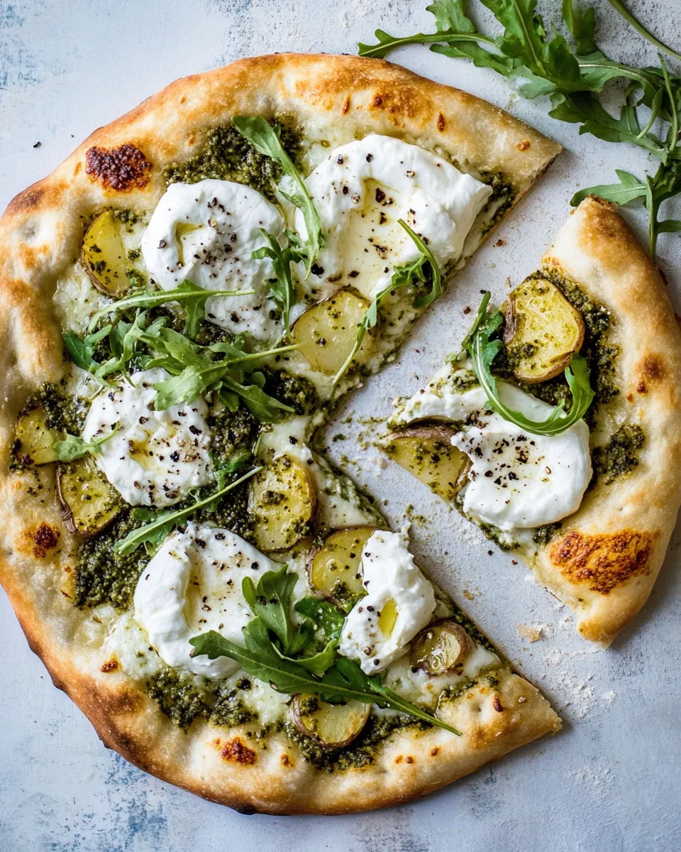 Easy Pesto Potato Burrata Pizza with Spicy Arugula. food shot