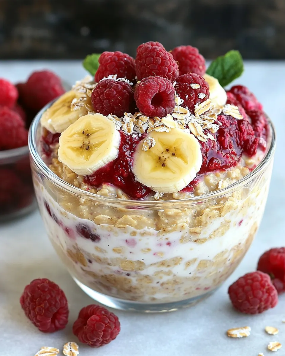 Delicious Refrigerator Oatmeal with Bananas and Berries shot