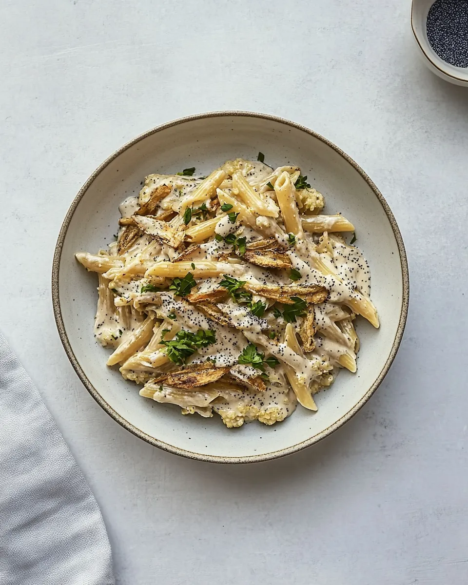 Easy Roasted Cauliflower Pasta with Poppy Seed Cream Sauce food shot