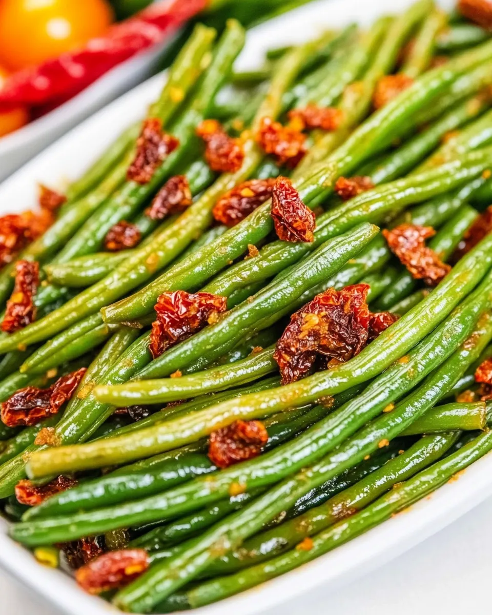 Easy Roasted Green Beans with Sun-Dried Tomatoes food shot