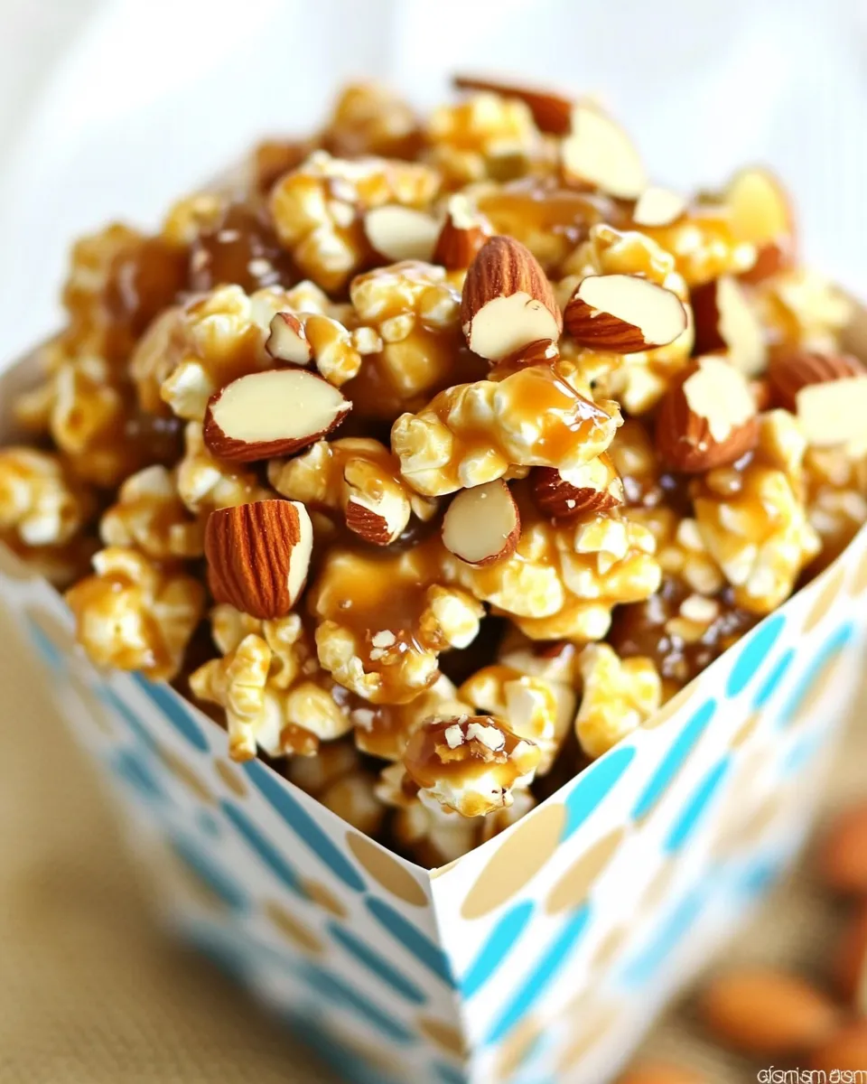 Easy Salted Caramel Popcorn with Almonds food shot