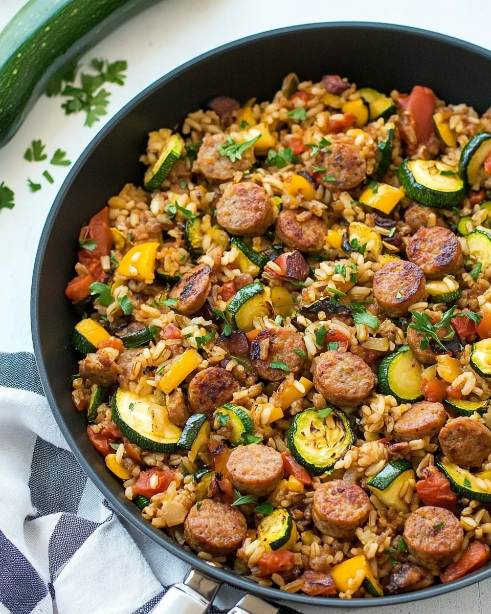 Delicious Sausage Zucchini and Brown Rice Skillet (One Pan) food shot