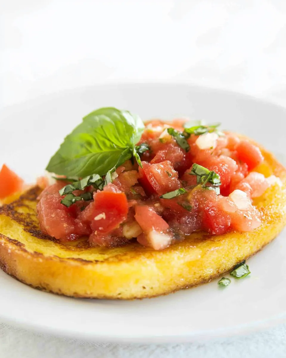 Easy Savory Eggless French Toast with Bruschetta food shot